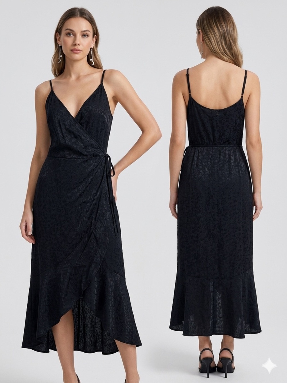 Abercrombie & Fitch Black Wrap Midi Dress with Spaghetti Straps & Earrings